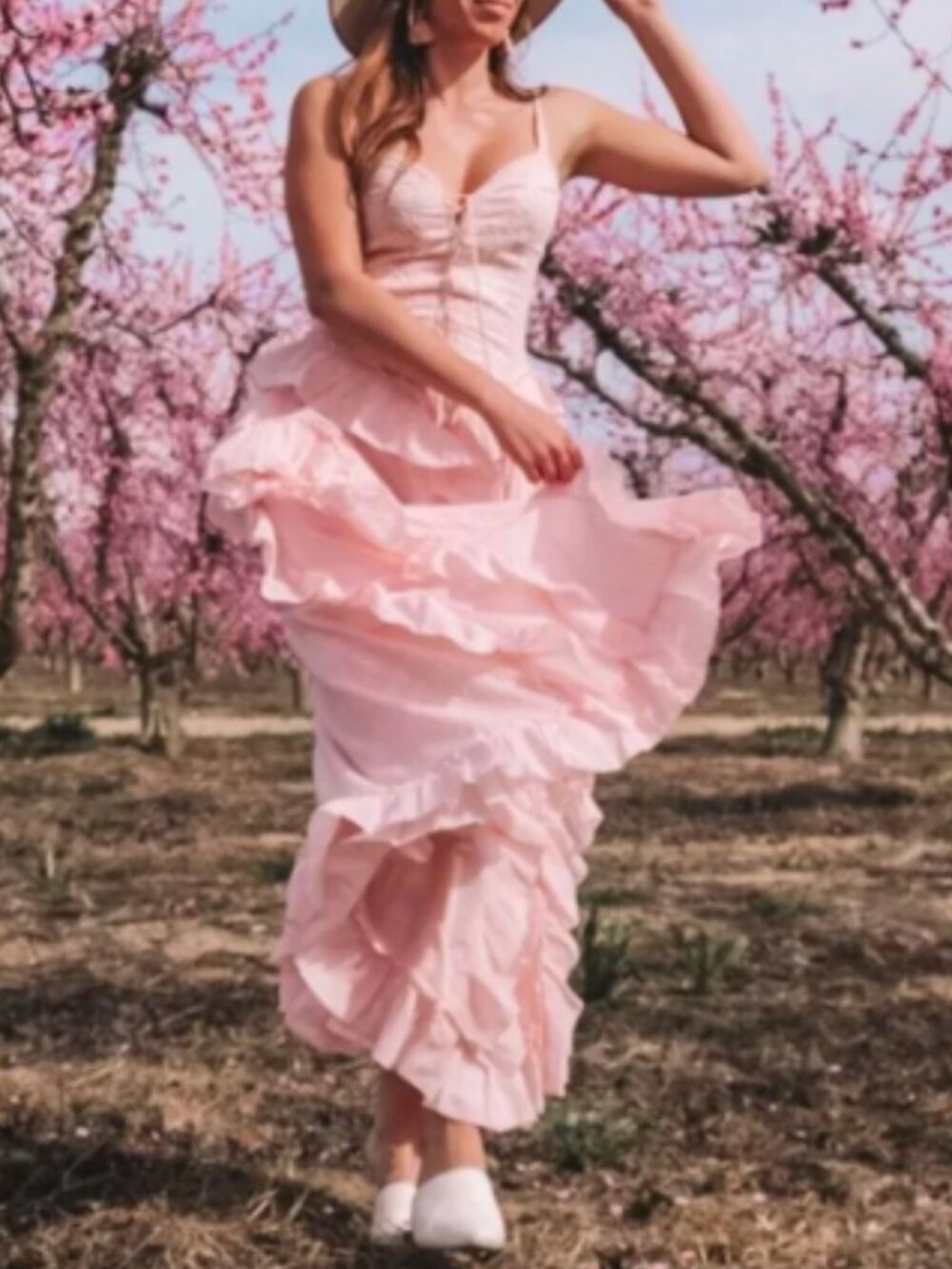 Venus Pink Ruffle Lace Up Maxi Dress, size Large - Picture 2 of 11